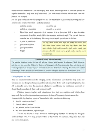 14
create their own expressions. It is fun to play with words. Encourage them to coin new phrases to
express themselves. Help them play with words. Give them some situations and let them coin new
phrases. For example
you can gives some conventional comparisons and ask the children to give some interesting and new
comparisons: as fast as the wind — as fast as an email
— as tall as an oak — as cold as ice
— as high as a mountain — as quick as an arrow
• Describing words can create vivid pictures. It is an important skill to learn to select
appropriate describing words. Help your students acquire the skill. You can ask them to
describe one of the following. They may use the words given below in the box:
— a guest in your house
— your new neighbor
— your grandmother
— beggar
Assessment during teaching-learning
The learning situations created by you will help the children with language development. While doing the
activities you can assess the children for their use of language/words. You can conduct these activities as pair
work or group work to ensure everyone’s participations. If some children are not doing, this means some kind of
scaffolding is needed. You can use other children as resource to help the children who are below the level.
Going beyond the text
Here is a situation from the story for role-play. All the children now know that this story is of a boy
who does not like doing his homework and the elf makes him do his work by pretending that he (the
elf) is doing his work. Now the question is whether we should make our children do homework or
should they learn and do all their work in school itself?
Children, parents, teachers and educationists have their own opinions and beliefs about
homework. Let us bring them together to debate on the issue of homework through a role play.
You can divide the class into groups of four and allot roles based on the following
1 Sukriti, a student of class VI
2 One of Sukriti's parents
3 Mr. Rahim, Sukriti's class teacher
4 Mr. John Suresh Kumar, a psychologist
You ask the children to hold a discussion with the group members and develop the dialogues
for the different roles. You may give clues/ideas to the students for each role. They enact their part
and assess other groups.
tall, tiny, short, dwarf, stout, huge, fat, plump, pot-bellied, roly-
poly, obese, broad, strong, weak, thin, slim, skinny, bony, lean,
lanky, slender, bold, mild, cowardly, kind, gentle, rough, rude,
pleasant, cheerful, cruel, coarse, gruff, crude, impolite, sweet,
beautiful, ugly.
 