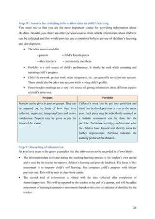 26
Step IV: Sources for collecting information/data on child’s learning
You must realise that you are the most important source for providing information about
children. Besides you, there are other persons/sources from which information about children
can be collected and this would provide you a complete/holistic picture of children’s learning
and development.
• The other sources could be
- parents - child’s friends/peers
- other teachers - community members
• Portfolio is a rich source of child’s performance. It should be used while assessing and
reporting child’s progress.
• Child’s homework, project work, other assignment, etc., are generally not taken into account.
These should also be taken into account while writing child’s profile.
• Parent-teacher meetings are a very rich source of getting information about different aspects
of child’s behaviour.
Projects Portfolio
Projects can be given in pairs or groups. They can
be assessed on the basis of how they have
collected, organized, interpreted data and drawn
conclusions. Projects may be given as per the
theme of the lesson.
Children’s work can be put into portfolios and
these can be developed over a term or the entire
year. Each piece may be individually assessed or
a holistic assessment can be done for the
portfolio. Portfolios can help you determine what
the children have learned and identify areas for
further improvement. Portfolio indicates the
learning profile of the children.
Step V: Recording of information
As you have seen in the given examples that the information to be recorded is of two kinds:
• The information/data collected during the teaching-learning process is for teacher’s own record
and is used by the teacher to improve children’s learning and provide feedback. The focus of this
assessment is to improve child’s self learning. She compares child’s progress with his/her
previous one. This will be seen in class-work copies.
• The second kind of information is related with the data collected after completion of
theme/chapter/unit. This will be reported by the teacher at the end of a quarter, and will be called
assessment of learning (summative assessment) based on the criteria (indicators) identified by the
teacher.
 