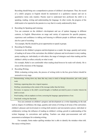 27
Recording should bring out a comprehensive picture of children’s development. Thus, the record
of a child’s progress in English should be maintained in a qualitative manner and not in
quantitative terms only (marks). Parents need to understand how proficient the child is in
speaking, reading, writing and understanding the language. In other words, the progress of the
child needs to be reported to the parents in a way that it is easily understood by them.
• Recording for Speaking and Listening:
You can comment on the children’s development and use of spoken language in different
contexts, in English. Observations on range and variety of expression for specific purposes,
experience and confidence in talking and listening to different people in different settings may
also be a part of recording.
For example, She/He should be given opportunities to speak in groups.
• Recording for Reading:
Comment on the children’s progress and development as a reader: the range, quantity and variety
of reading in all areas of the curriculum; the children’s pleasure and involvement in story reading,
poetry reading etc. individually or with others; the range of strategies used when reading and the
children’s ability to reflect critically on what is read.
For example, Rahul is not comfortable when reading aloud however he reads well silently. He is
aware of the structures of the language.
• Recording Writing:
While evaluating writing tasks, the process of writing (refer to the box given below) should be
assessed at every stage.
- Brainstorming: writing down any ideas that may come to mind or through discussions, pair work, group
work.
- Outlining: organising ideas into a logical sequence.
- Drafting: concentrating on the content of the message (rather than the form).
- Revisions: in response to the child’s second thoughts or feedback provided by peers or teacher wherein the
draft is revised.
- Proof-reading: with an emphasis on form; correcting the language; appropriateness of use.
- Final draft: writing the final draft.
You can comment on children’s progress and development as a writer depending on the task
such as: degree of confidence; the range, quantity and variety of writing in all areas of the curriculum;
children’s pleasure and involvement in writing both narrative and non-narrative pieces; individual or
collaborative writing; the influence of reading on children’s writing; growth in understanding of the
written language, its conventions and spelling. Teachers can adopt peer-assessment and self-
assessment as techniques for evaluating writing.
For example, Sonia makes spelling mistakes but is able to identify the mistakes when told.
She enjoys writing letters.
 