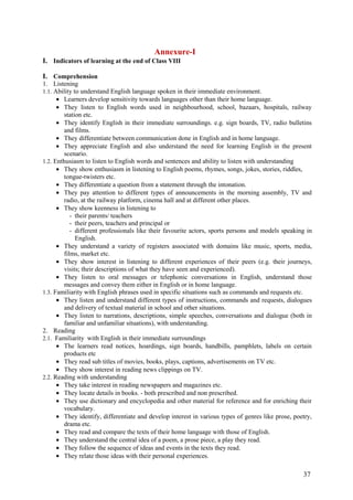 37
Annexure-I
I. Indicators of learning at the end of Class VIII
I. Comprehension
1. Listening
1.1. Ability to understand English language spoken in their immediate environment.
• Learners develop sensitivity towards languages other than their home language.
• They listen to English words used in neighbourhood, school, bazaars, hospitals, railway
station etc.
• They identify English in their immediate surroundings. e.g. sign boards, TV, radio bulletins
and films.
• They differentiate between communication done in English and in home language.
• They appreciate English and also understand the need for learning English in the present
scenario.
1.2. Enthusiasm to listen to English words and sentences and ability to listen with understanding
• They show enthusiasm in listening to English poems, rhymes, songs, jokes, stories, riddles,
tongue-twisters etc.
• They differentiate a question from a statement through the intonation.
• They pay attention to different types of announcements in the morning assembly, TV and
radio, at the railway platform, cinema hall and at different other places.
• They show keenness in listening to
- their parents/ teachers
- their peers, teachers and principal or
- different professionals like their favourite actors, sports persons and models speaking in
English.
• They understand a variety of registers associated with domains like music, sports, media,
films, market etc.
• They show interest in listening to different experiences of their peers (e.g. their journeys,
visits; their descriptions of what they have seen and experienced).
• They listen to oral messages or telephonic conversations in English, understand those
messages and convey them either in English or in home language.
1.3. Familiarity with English phrases used in specific situations such as commands and requests etc.
• They listen and understand different types of instructions, commands and requests, dialogues
and delivery of textual material in school and other situations.
• They listen to narrations, descriptions, simple speeches, conversations and dialogue (both in
familiar and unfamiliar situations), with understanding.
2. Reading
2.1. Familiarity with English in their immediate surroundings
• The learners read notices, hoardings, sign boards, handbills, pamphlets, labels on certain
products etc
• They read sub titles of movies, books, plays, captions, advertisements on TV etc.
• They show interest in reading news clippings on TV.
2.2. Reading with understanding
• They take interest in reading newspapers and magazines etc.
• They locate details in books. - both prescribed and non prescribed.
• They use dictionary and encyclopedia and other material for reference and for enriching their
vocabulary.
• They identify, differentiate and develop interest in various types of genres like prose, poetry,
drama etc.
• They read and compare the texts of their home language with those of English.
• They understand the central idea of a poem, a prose piece, a play they read.
• They follow the sequence of ideas and events in the texts they read.
• They relate those ideas with their personal experiences.
 
