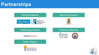Partnerships
Policy Makers
School Designers
Technology Experts
School Incubators
Interested Districts
 