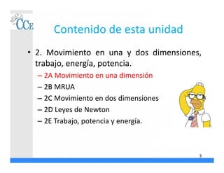 Contenido de esta unidad
• 2. Movimiento en una y dos dimensiones,
trabajo, energía, potencia.
– 2A Movimiento en una dimensión
– 2B MRUA
– 2C Movimiento en dos dimensiones
– 2D Leyes de Newton
– 2E Trabajo, potencia y energía.
3
 