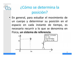 ¿Cómo se determina la
posición?
• En general, para estudiar el movimiento de
un cuerpo y determinar su posición en el
espacio en cada instante de tiempo, es
necesario recurrir a lo que se denomina en
Física, un sistema de referencia.
7
 
