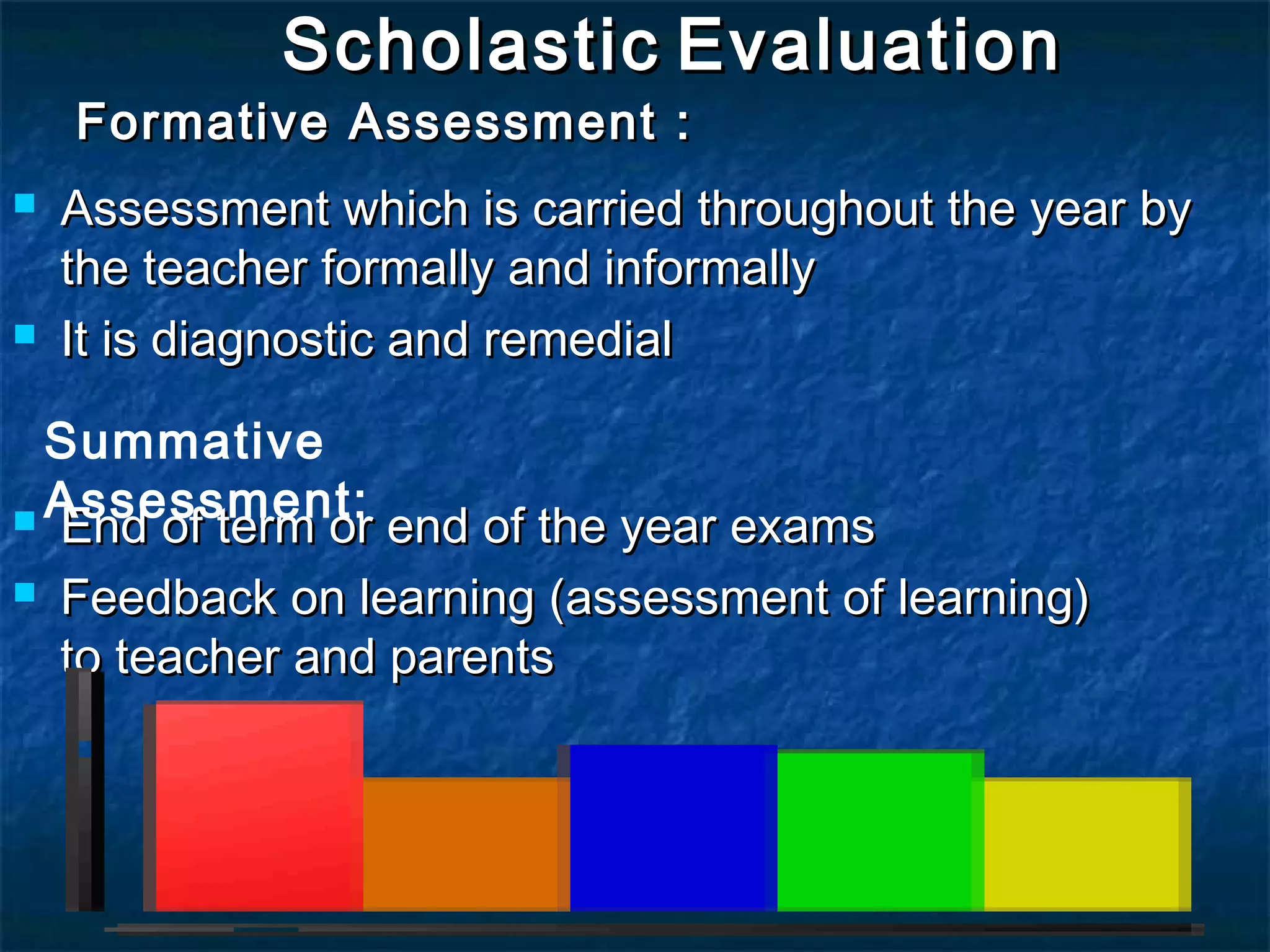 Scholastic Evaluation
    Formative Assessment :
   Assessment which is carried throughout the year by
    the teacher formally and informally
   It is diagnostic and remedial

  Summative
 Assessment: end of the year exams
  End of term or
 Feedback on learning (assessment of learning)

  to teacher and parents
 