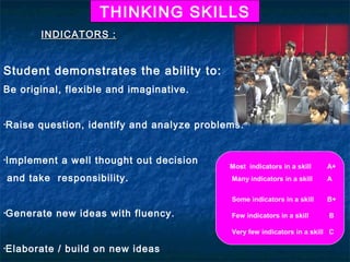 THINKING SKILLS
         INDICATORS :


Student demonstrates the ability to:
Be original, flexible and imaginative.


•Raise   question, identify and analyze problems.


•Implement    a well thought out decision
                                              Most indicators in a skill   A+
and take responsibility.                      Many indicators in a skill   A


                                              Some indicators in a skill   B+
•Generate    new ideas with fluency.          Few indicators in a skill     B

                                              Very few indicators in a skill C

•Elaborate   / build on new ideas
 