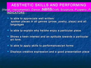 AESTHETIC SKILLS AND PERFORMING
c   (Vocal, Instrumental), Dance, ARTS Craft, Sculpture, Puppetry, Fo
                                  Drama,
       INDICATORS :

          Is able to appreciate well written/
            spoken pieces in all genres (prose, poetry, plays) and all
           languages

          Is able to explain why he/she enjoy a particular piece

          Shows a keen interest and an aptitude towards a particular
           art form.

          Is able to apply skills to performances/art forms

          Displays creative expression and a good presentation piece
 