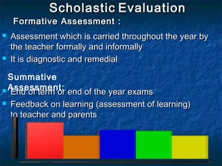 Scholastic Evaluation
    Formative Assessment :
   Assessment which is carried throughout the year by
    the teacher formally and informally
   It is diagnostic and remedial

  Summative
 Assessment: end of the year exams
  End of term or
 Feedback on learning (assessment of learning)

  to teacher and parents
 