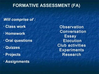 FORMATIVE ASSESSMENT (FA)


Will comprise of :
•   Class work          Observation
                        Conversation
•   Homework
                          Essay
•   Oral questions        Elocution
                       Club activities
•   Quizzes
                        Experiments
•   Projects             Research
•   Assignments
 