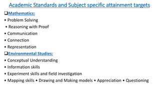 Academic Standards and Subject specific attainment targets
Mathematics:
• Problem Solving
• Reasoning with Proof
• Communication
• Connection
• Representation
Environmental Studies:
• Conceptual Understanding
• Information skills
• Experiment skills and field investigation
• Mapping skills • Drawing and Making models • Appreciation • Questioning
 