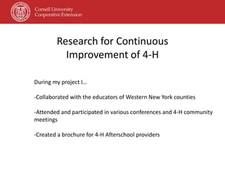 4-H National Youth Science Day Experiment
Curriculum Experiment
• Constructed an interactive
five day curriculum to go
alo...
