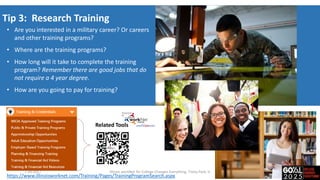 Tip 3: Research Training
• Are you interested in a military career? Or careers
and other training programs?
• Where are the training programs?
• How long will it take to complete the training
program? Remember there are good jobs that do
not require a 4 year degree.
• How are you going to pay for training?
Related Tools
https://www.illinoisworknet.com/Training/Pages/TrainingProgramSearch.aspx
7-20-2017 Illinois workNet for College Changes Everything, Tinley Park, IL
 