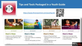 https://www.illinoisworknet.com/youthguide
Tips and Tools Packaged in a Youth Guide
7-20-2017 Illinois workNet for College Changes Everything, Tinley Park, IL
 