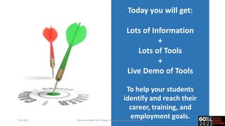 Today you will get:
Lots of Information
+
Lots of Tools
+
Live Demo of Tools
To help your students
identify and reach their
career, training, and
employment goals.7-20-2017 Illinois workNet for College Changes Everything, Tinley Park, IL
 