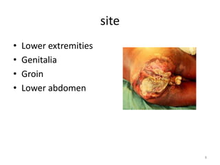 site
• Lower extremities
• Genitalia
• Groin
• Lower abdomen
8
 