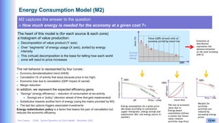 Yves Caseau - CCEM : System Dynamics for Earth Model – December 2023 13/40
Energy Consumption Model (M2)
M2 captures the answer to the question
« How much energy is needed for the economy at a given cost ?»
The heart of this model is (for each source & each zone)
a histogram of value production:
 Decomposition of value product (Y axis)
 Over “segments” of energy usage (X axis), sorted by energy
intensity
 This (virtual) decomposition is the base for telling how each world
zone will react to price increases
The net behavior is represented by four curves :
 Economy dematerialization trend (kW/$)
 Cancelation (% of activity that stops because price is too high)
 Economic loss due to cancelation (GDP impact of cancel)
 Margin reduction
In addition, we represent the expected efficiency gains:
 “Savings“ (energy efficiency) – reduction of consumption at iso-activity
 Savings are a “policy” (decision ahead of time that gets implemented)
 Substitution towards another form of energy (using the matrix provided by M3)
 The last two options triggers associated investments
Energy redistribution policy is a factor that lowers the pain of cancellation but
reduces the economic efficiency
Energy consumption for a given price
decreases according to cancelation
(upper histogram), energy savings and
substitution (M3: one energy source to
another)
Value (GDP) of each slice of
economy sorted by value/toe
Value
(T$)
100%
Current
Cost of
energy
Energy
consumption
Price / time
100%
p0
The loss of economic
value due to
Energy-based
cancellation follows
a convex law (lower
value creation
activities stop first)
Evolution of
distribution
represents the
dematerialization
of the zone economy
(kW/$)
Price / time
100%
Cancel Rate
100%
GDP
impact
Margins for
surviving
activities are
reduced by
increasing energy
prices
 