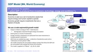 Yves Caseau - CCEM : System Dynamics for Earth Model – December 2023 17/40
GDP Model (M4, World Economy)
M4 represents the question:
« which GDP is produced from investment, technology, energy and workforce ? »
Description
Economy is seen as a set of productive assets that
require energy and human capital to operate
Economy growth require investments that are a
fraction of results
We use a crude exponential growth model
• Output is linked to energy (cf. M2 + redistribution)
• Demography is factored through energy consumption
• Assets grow as a result of investments
• Energy transition investments are subtracted from total investments to
compute growth investments
• GW Crises are modeled two ways : a reduction of productive assets and as
”redirections of zone policies” (M5)
• The model computes the consumption without savings that drives the GDP and
the consumption with savings that drives CO2 emissions
• This model is applied to 4 “Blocks” : US, CN, EU, RoW
Productive
Assets
GDP
(Results)
Investments
Energy
Supply (Es)
population
Tech
Innovation
Energy transition
Growth
Invest
Global Warming
Natural Disasters
Loss of resources (people, land, factories …)
Energy
Demand
US
T$ 15
CN
T$ 6
EU
T$ 14.5
RoW
T$ 30
248
360
167 900 1080
1200
1300
90
2010 world economy crude decomposition (trade in G$)
 