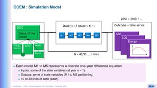 Yves Caseau - CCEM : System Dynamics for Earth Model – December 2023 24/40
CCEM : Simulation Model
 Each model M1 to M5 represents a discrete one-year difference equation
 Inputs: some of the state variables (at year n – 1)
 Outputs: some of state variables (M1 to M5 partitioning)
 10 to 30 lines of code (each)
2010
State of the
world
Energy
Sources
Zones World
Earth N = 40,90, … times
2050 / 2100 / …
State(i) = ƒ (state(i-1),*)
M1 M2 M3 M4 M5
Outcome = time-series
GDP
CO2
Energy
 