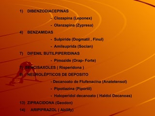 DIBENZODIACEPINAS -  Clozapina (Leponex) -  Olanzapina (Zypresa) BENZAMIDAS -  Sulpiride (Dogmatil , Finul) -  Amilsuprida (Socian) DIFENIL BUTILPIPERIDINAS   -  Pimozide (Orap- Forte) 7)  BENCISAXOLES ( Risperidona ) NEUROLÉPTICOS DE DEPOSITO - Decanoato de Flufenacina (Anatetensol) -  Pipotiazina (Piportil) -  Haloperidol decanoato ( Haldol Decanoas) ZIPRACIDONA (Geodon) ARIPIPRAZOL ( Abilify) 
