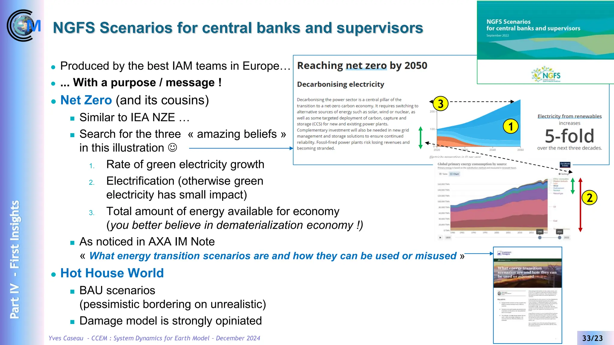 Yves Caseau - CCEM : System Dynamics for Earth Model – December 2024 33/23
NGFS Scenarios for central banks and supervisors
⚫ Produced by the best IAM teams in Europe…
⚫ ... With a purpose / message !
⚫ Net Zero (and its cousins)
◼ Similar to IEA NZE …
◼ Search for the three « amazing beliefs »
in this illustration ☺
1. Rate of green electricity growth
2. Electrification (otherwise green
electricity has small impact)
3. Total amount of energy available for economy
(you better believe in dematerialization economy !)
◼ As noticed in AXA IM Note
« What energy transition scenarios are and how they can be used or misused »
⚫ Hot House World
◼ BAU scenarios
(pessimistic bordering on unrealistic)
◼ Damage model is strongly opiniated
1
3
2
Part
IV
-
First
Insights
 