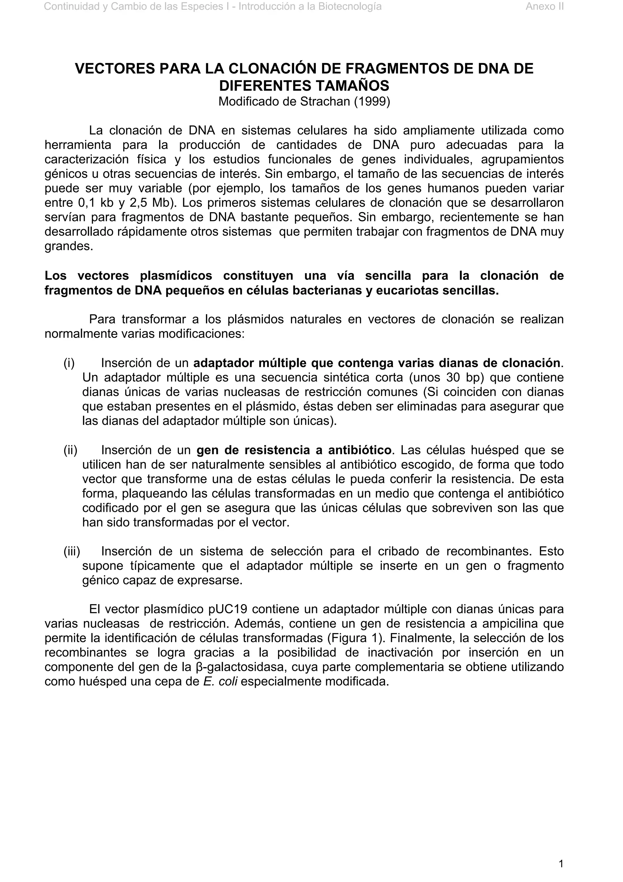 Continuidad y Cambio de las Especies I - Introducción a la Biotecnología Anexo II
1
VECTORES PARA LA CLONACIÓN DE FRAGMENTOS DE DNA DE
DIFERENTES TAMAÑOS
Modificado de Strachan (1999)
La clonación de DNA en sistemas celulares ha sido ampliamente utilizada como
herramienta para la producción de cantidades de DNA puro adecuadas para la
caracterización física y los estudios funcionales de genes individuales, agrupamientos
génicos u otras secuencias de interés. Sin embargo, el tamaño de las secuencias de interés
puede ser muy variable (por ejemplo, los tamaños de los genes humanos pueden variar
entre 0,1 kb y 2,5 Mb). Los primeros sistemas celulares de clonación que se desarrollaron
servían para fragmentos de DNA bastante pequeños. Sin embargo, recientemente se han
desarrollado rápidamente otros sistemas que permiten trabajar con fragmentos de DNA muy
grandes.
Los vectores plasmídicos constituyen una vía sencilla para la clonación de
fragmentos de DNA pequeños en células bacterianas y eucariotas sencillas.
Para transformar a los plásmidos naturales en vectores de clonación se realizan
normalmente varias modificaciones:
(i) Inserción de un adaptador múltiple que contenga varias dianas de clonación.
Un adaptador múltiple es una secuencia sintética corta (unos 30 bp) que contiene
dianas únicas de varias nucleasas de restricción comunes (Si coinciden con dianas
que estaban presentes en el plásmido, éstas deben ser eliminadas para asegurar que
las dianas del adaptador múltiple son únicas).
(ii) Inserción de un gen de resistencia a antibiótico. Las células huésped que se
utilicen han de ser naturalmente sensibles al antibiótico escogido, de forma que todo
vector que transforme una de estas células le pueda conferir la resistencia. De esta
forma, plaqueando las células transformadas en un medio que contenga el antibiótico
codificado por el gen se asegura que las únicas células que sobreviven son las que
han sido transformadas por el vector.
(iii) Inserción de un sistema de selección para el cribado de recombinantes. Esto
supone típicamente que el adaptador múltiple se inserte en un gen o fragmento
génico capaz de expresarse.
El vector plasmídico pUC19 contiene un adaptador múltiple con dianas únicas para
varias nucleasas de restricción. Además, contiene un gen de resistencia a ampicilina que
permite la identificación de células transformadas (Figura 1). Finalmente, la selección de los
recombinantes se logra gracias a la posibilidad de inactivación por inserción en un
componente del gen de la β-galactosidasa, cuya parte complementaria se obtiene utilizando
como huésped una cepa de E. coli especialmente modificada.
 