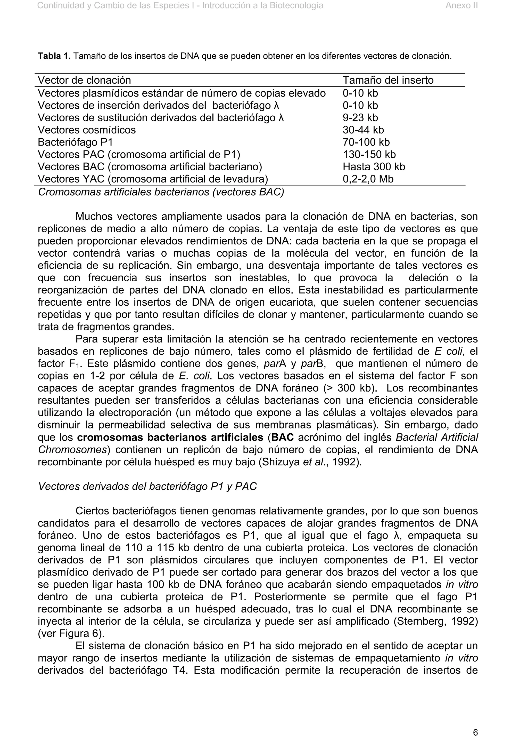 Continuidad y Cambio de las Especies I - Introducción a la Biotecnología Anexo II
6
Tabla 1. Tamaño de los insertos de DNA que se pueden obtener en los diferentes vectores de clonación.
Vector de clonación Tamaño del inserto
Vectores plasmídicos estándar de número de copias elevado 0-10 kb
Vectores de inserción derivados del bacteriófago λ 0-10 kb
Vectores de sustitución derivados del bacteriófago λ 9-23 kb
Vectores cosmídicos 30-44 kb
Bacteriófago P1 70-100 kb
Vectores PAC (cromosoma artificial de P1) 130-150 kb
Vectores BAC (cromosoma artificial bacteriano) Hasta 300 kb
Vectores YAC (cromosoma artificial de levadura) 0,2-2,0 Mb
Cromosomas artificiales bacterianos (vectores BAC)
Muchos vectores ampliamente usados para la clonación de DNA en bacterias, son
replicones de medio a alto número de copias. La ventaja de este tipo de vectores es que
pueden proporcionar elevados rendimientos de DNA: cada bacteria en la que se propaga el
vector contendrá varias o muchas copias de la molécula del vector, en función de la
eficiencia de su replicación. Sin embargo, una desventaja importante de tales vectores es
que con frecuencia sus insertos son inestables, lo que provoca la deleción o la
reorganización de partes del DNA clonado en ellos. Esta inestabilidad es particularmente
frecuente entre los insertos de DNA de origen eucariota, que suelen contener secuencias
repetidas y que por tanto resultan difíciles de clonar y mantener, particularmente cuando se
trata de fragmentos grandes.
Para superar esta limitación la atención se ha centrado recientemente en vectores
basados en replicones de bajo número, tales como el plásmido de fertilidad de E coli, el
factor F1. Este plásmido contiene dos genes, parA y parB, que mantienen el número de
copias en 1-2 por célula de E. coli. Los vectores basados en el sistema del factor F son
capaces de aceptar grandes fragmentos de DNA foráneo (> 300 kb). Los recombinantes
resultantes pueden ser transferidos a células bacterianas con una eficiencia considerable
utilizando la electroporación (un método que expone a las células a voltajes elevados para
disminuir la permeabilidad selectiva de sus membranas plasmáticas). Sin embargo, dado
que los cromosomas bacterianos artificiales (BAC acrónimo del inglés Bacterial Artificial
Chromosomes) contienen un replicón de bajo número de copias, el rendimiento de DNA
recombinante por célula huésped es muy bajo (Shizuya et al., 1992).
Vectores derivados del bacteriófago P1 y PAC
Ciertos bacteriófagos tienen genomas relativamente grandes, por lo que son buenos
candidatos para el desarrollo de vectores capaces de alojar grandes fragmentos de DNA
foráneo. Uno de estos bacteriófagos es P1, que al igual que el fago λ, empaqueta su
genoma lineal de 110 a 115 kb dentro de una cubierta proteica. Los vectores de clonación
derivados de P1 son plásmidos circulares que incluyen componentes de P1. El vector
plasmídico derivado de P1 puede ser cortado para generar dos brazos del vector a los que
se pueden ligar hasta 100 kb de DNA foráneo que acabarán siendo empaquetados in vitro
dentro de una cubierta proteica de P1. Posteriormente se permite que el fago P1
recombinante se adsorba a un huésped adecuado, tras lo cual el DNA recombinante se
inyecta al interior de la célula, se circulariza y puede ser así amplificado (Sternberg, 1992)
(ver Figura 6).
El sistema de clonación básico en P1 ha sido mejorado en el sentido de aceptar un
mayor rango de insertos mediante la utilización de sistemas de empaquetamiento in vitro
derivados del bacteriófago T4. Esta modificación permite la recuperación de insertos de
 