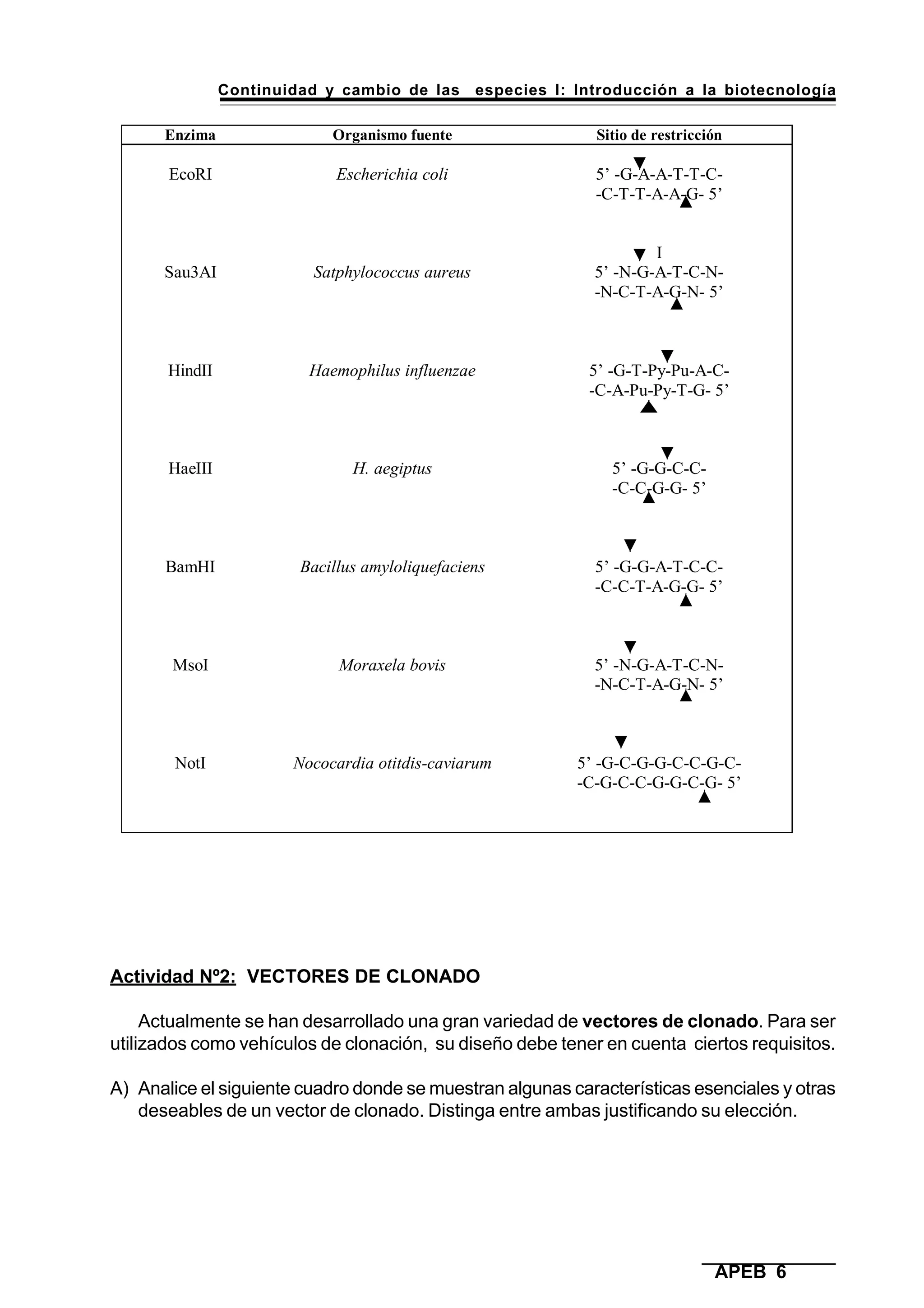 Continuidad y cambio de las especies I: Introducción a la biotecnología
APEB 6
Actividad Nº2: VECTORES DE CLONADO
Actualmente se han desarrollado una gran variedad de vectores de clonado. Para ser
utilizados como vehículos de clonación, su diseño debe tener en cuenta ciertos requisitos.
A) Analice el siguiente cuadro donde se muestran algunas características esenciales y otras
deseables de un vector de clonado. Distinga entre ambas justificando su elección.
Enzima Organismo fuente Sitio de restricción
EcoRI
Sau3AI
HindII
HaeIII
BamHI
MsoI
NotI
Escherichia coli
Satphylococcus aureus
Haemophilus influenzae
H. aegiptus
Bacillus amyloliquefaciens
Moraxela bovis
Nococardia otitdis-caviarum
5’ -G-A-A-T-T-C-
-C-T-T-A-A-G- 5’
I
5’ -N-G-A-T-C-N-
-N-C-T-A-G-N- 5’
5’ -G-T-Py-Pu-A-C-
-C-A-Pu-Py-T-G- 5’
5’ -G-G-C-C-
-C-C-G-G- 5’
5’ -G-G-A-T-C-C-
-C-C-T-A-G-G- 5’
5’ -N-G-A-T-C-N-
-N-C-T-A-G-N- 5’
5’ -G-C-G-G-C-C-G-C-
-C-G-C-C-G-G-C-G- 5’
 