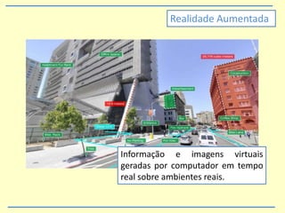 Realidade Aumentada
Informação e imagens virtuais
geradas por computador em tempo
real sobre ambientes reais.
 