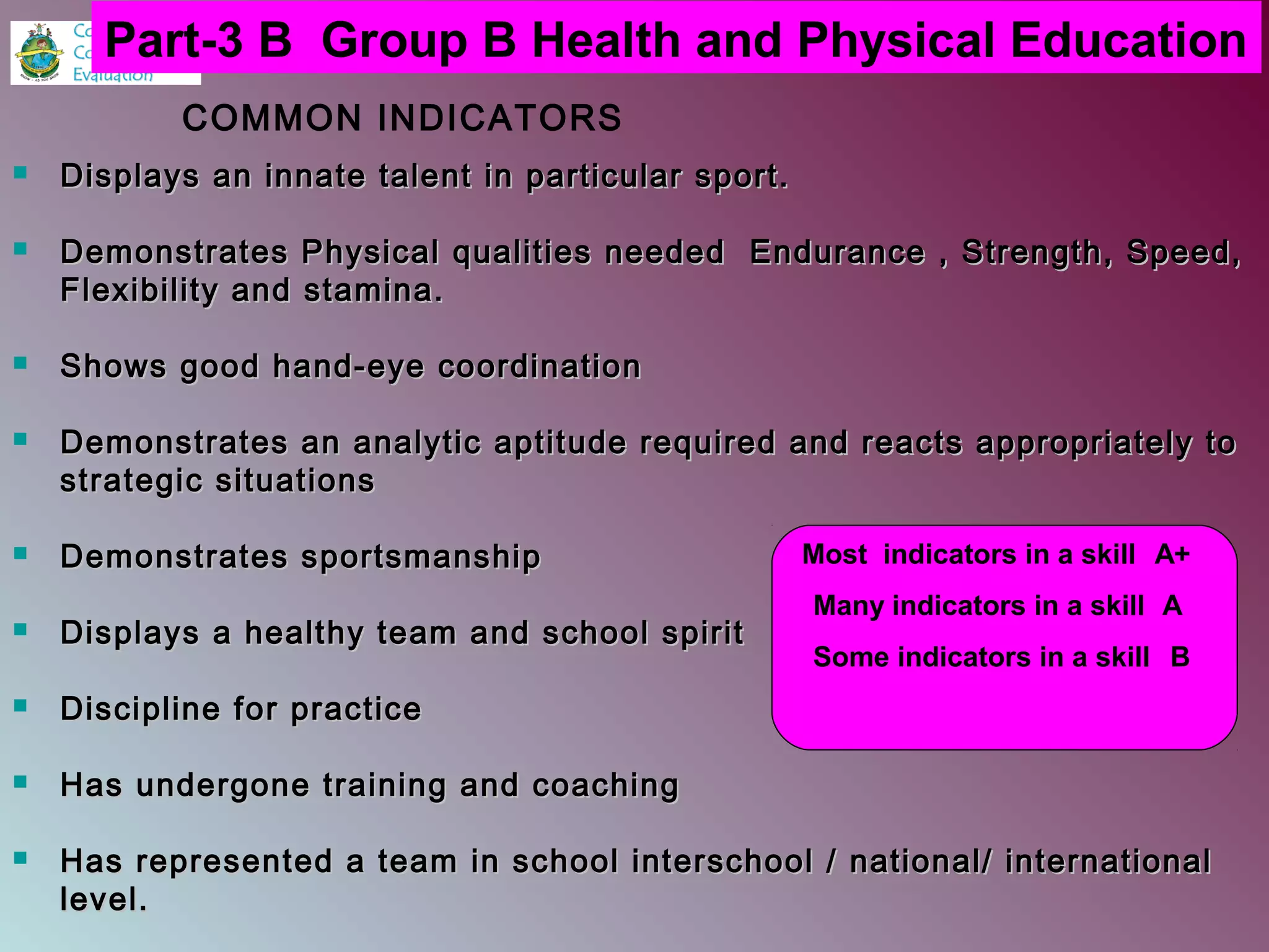 COMMON INDICATORS
 Displays an innate talent in particular sport.Displays an innate talent in particular sport.
 Demonstrates Physical qualities needed Endurance , Strength, Speed,Demonstrates Physical qualities needed Endurance , Strength, Speed,
Flexibility and stamina.Flexibility and stamina.
 Shows good hand-eye coordinationShows good hand-eye coordination
 Demonstrates an analytic aptitude required and reacts appropriately toDemonstrates an analytic aptitude required and reacts appropriately to
strategic situationsstrategic situations
 Demonstrates sportsmanshipDemonstrates sportsmanship
 Displays a healthy team and school spiritDisplays a healthy team and school spirit
 Discipline for practiceDiscipline for practice
 Has undergone training and coachingHas undergone training and coaching
 Has represented a team in school interschool / national/ internationalHas represented a team in school interschool / national/ international
level.level.
Part-3 B Group B Health and Physical Education
Most indicators in a skill A+
Many indicators in a skill A
Some indicators in a skill B
 