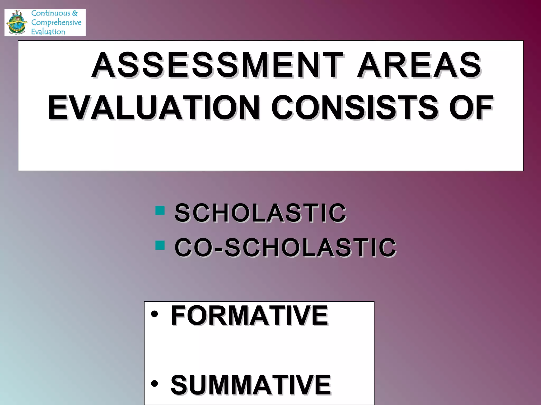 EVALUATION CONSISTS OFEVALUATION CONSISTS OF
• FORMATIVEFORMATIVE
• SUMMATIVESUMMATIVE
ASSESSMENT AREASASSESSMENT AREAS
 SCHOLASTICSCHOLASTIC
 CO-SCHOLASTICCO-SCHOLASTIC
 
