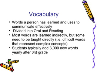 Vocabulary
• Words a person has learned and uses to
communicate effectively
• Divided into Oral and Reading
• Most words are learned indirectly, but some
need to be taught directly (i.e. difficult words
that represent complex concepts)
• Students typically add 3,000 new words
yearly after 3rd grade
 
