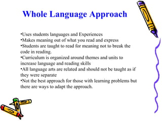 Whole Language Approach
•Uses students languages and Experiences
•Makes meaning out of what you read and express
•Students are taught to read for meaning not to break the
code in reading.
•Curriculum is organized around themes and units to
increase language and reading skills
•All language arts are related and should not be taught as if
they were separate
•Not the best approach for those with learning problems but
there are ways to adapt the approach.
 