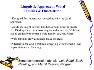 Some commercial materials: Lets Read, Basic
Reading, and Merrill Reading Program
Linguistic Approach: Word
Families & Onset-Rime
• Designed for students not succeeding with the basal
approach.
•Words are taught in word families, around rimes & onsets
Ex: Kindergarten rimes involving /a/ and onsets /c/,/b/,/h/ are
added gradually to create a word family cat, bat, & hat
•word families grow as readers make progress.
•Alternative for young children struggling with phoneme-level
segmentation and blending.
 