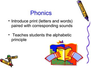 Phonics
• Introduce print (letters and words)
paired with corresponding sounds
• Teaches students the alphabetic
principle
 