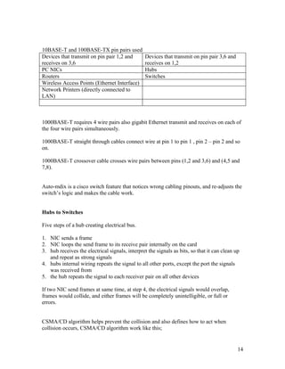 10BASE-T and 100BASE-TX pin pairs used
Devices that transmit on pin pair 1,2 and        Devices that transmit on pin pair 3,6 and
receives on 3,6                                  receives on 1,2
PC NICs                                          Hubs
Routers                                          Switches
Wireless Access Points (Ethernet Interface)
Network Printers (directly connected to
LAN)



1000BASE-T requires 4 wire pairs also gigabit Ethernet transmit and receives on each of
the four wire pairs simultaneously.

1000BASE-T straight through cables connect wire at pin 1 to pin 1 , pin 2 – pin 2 and so
on.

1000BASE-T crossover cable crosses wire pairs between pins (1,2 and 3,6) and (4,5 and
7,8).


Auto-mdix is a cisco switch feature that notices wrong cabling pinouts, and re-adjusts the
switch’s logic and makes the cable work.


Hubs to Switches

Five steps of a hub creating electrical bus.

1. NIC sends a frame
2. NIC loops the send frame to its receive pair internally on the card
3. hub receives the electrical signals, interpret the signals as bits, so that it can clean up
   and repeat as strong signals
4. hubs internal wiring repeats the signal to all other ports, except the port the signals
   was received from
5. the hub repeats the signal to each receiver pair on all other devices

If two NIC send frames at same time, at step 4, the electrical signals would overlap,
frames would collide, and either frames will be completely unintelligible, or full or
errors.


CSMA/CD algorithm helps prevent the collision and also defines how to act when
collision occurs, CSMA/CD algorithm work like this;


                                                                                             14
 
