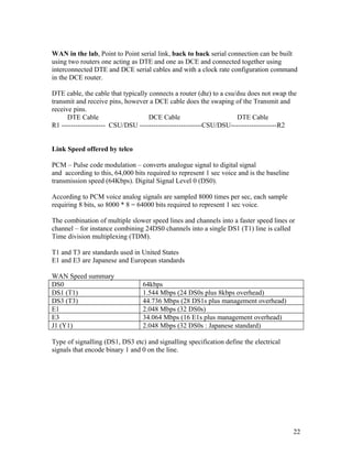 WAN in the lab, Point to Point serial link, back to back serial connection can be built
using two routers one acting as DTE and one as DCE and connected together using
interconnected DTE and DCE serial cables and with a clock rate configuration command
in the DCE router.

DTE cable, the cable that typically connects a router (dte) to a csu/dsu does not swap the
transmit and receive pins, however a DCE cable does the swaping of the Transmit and
receive pins.
      DTE Cable                     DCE Cable                        DTE Cable
R1 ------------------- CSU/DSU ---------------------------CSU/DSU--------------------R2


Link Speed offered by telco

PCM – Pulse code modulation – converts analogue signal to digital signal
and according to this, 64,000 bits required to represent 1 sec voice and is the baseline
transmission speed (64Kbps). Digital Signal Level 0 (DS0).

According to PCM voice analog signals are sampled 8000 times per sec, each sample
requiring 8 bits, so 8000 * 8 = 64000 bits required to represent 1 sec voice.

The combination of multiple slower speed lines and channels into a faster speed lines or
channel – for instance combining 24DS0 channels into a single DS1 (T1) line is called
Time division multiplexing (TDM).

T1 and T3 are standards used in United States
E1 and E3 are Japanese and European standards

WAN Speed summary
DS0                              64kbps
DS1 (T1)                         1.544 Mbps (24 DS0s plus 8kbps overhead)
DS3 (T3)                         44.736 Mbps (28 DS1s plus management overhead)
E1                               2.048 Mbps (32 DS0s)
E3                               34.064 Mbps (16 E1s plus management overhead)
J1 (Y1)                          2.048 Mbps (32 DS0s : Japanese standard)

Type of signalling (DS1, DS3 etc) and signalling specification define the electrical
signals that encode binary 1 and 0 on the line.




                                                                                           22
 