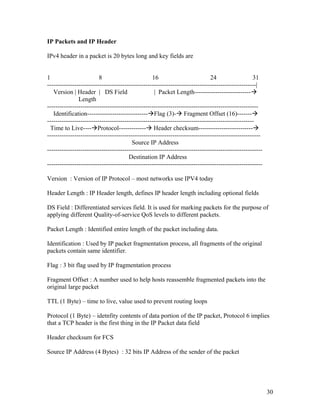 IP Packets and IP Header

IPv4 header in a packet is 20 bytes long and key fields are


1                        8                        16                          24                  31
----------------------------------------------------------------------------------------------------|
   Version | Header | DS Field                     | Packet Length---------------------------
               Length
-----------------------------------------------------------------------------------------------------
   Identification-----------------------------Flag (3)- Fragment Offset (16)-------
---------------------------------------------------------------------------------------------------
  Time to Live----Protocol------------- Header checksum--------------------------
------------------------------------------------------------------------------------------------------
                                         Source IP Address
-------------------------------------------------------------------------------------------------------
                                       Destination IP Address
-------------------------------------------------------------------------------------------------------

Version : Version of IP Protocol – most networks use IPV4 today

Header Length : IP Header length, defines IP header length including optional fields

DS Field : Differentiated services field. It is used for marking packets for the purpose of
applying different Quality-of-service QoS levels to different packets.

Packet Length : Identified entire length of the packet including data.

Identification : Used by IP packet fragmentation process, all fragments of the original
packets contain same identifier.

Flag : 3 bit flag used by IP fragmentation process

Fragment Offset : A number used to help hosts reassemble fragmented packets into the
original large packet

TTL (1 Byte) – time to live, value used to prevent routing loops

Protocol (1 Byte) – idetnfity contents of data portion of the IP packet, Protocol 6 implies
that a TCP header is the first thing in the IP Packet data field

Header checksum for FCS

Source IP Address (4 Bytes) : 32 bits IP Address of the sender of the packet




                                                                                                          30
 