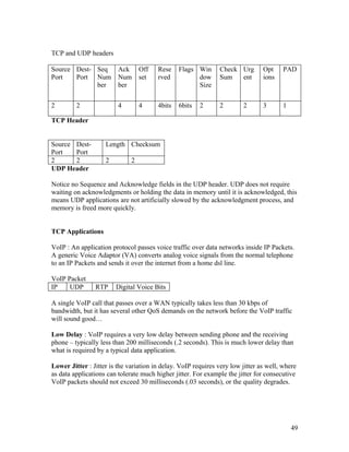TCP and UDP headers

Source Dest- Seq         Ack      Off   Rese    Flags Win      Check Urg        Opt     PAD
Port   Port Num          Num      set   rved          dow      Sum   ent        ions
             ber         ber                          Size

2        2               4        4     4bits   6bits   2      2        2       3       1

TCP Header


Source Dest-        Length Checksum
Port   Port
2      2            2         2
UDP Header

Notice no Sequence and Acknowledge fields in the UDP header. UDP does not require
waiting on acknowledgments or holding the data in memory until it is acknowledged, this
means UDP applications are not artificially slowed by the acknowledgment process, and
memory is freed more quickly.


TCP Applications

VoIP : An application protocol passes voice traffic over data networks inside IP Packets.
A generic Voice Adaptor (VA) converts analog voice signals from the normal telephone
to an IP Packets and sends it over the internet from a home dsl line.

VoIP Packet
IP    UDP       RTP     Digital Voice Bits

A single VoIP call that passes over a WAN typically takes less than 30 kbps of
bandwidth, but it has several other QoS demands on the network before the VoIP traffic
will sound good…

Low Delay : VoIP requires a very low delay between sending phone and the receiving
phone – typically less than 200 milliseconds (.2 seconds). This is much lower delay than
what is required by a typical data application.

Lower Jitter : Jitter is the variation in delay. VoIP requires very low jitter as well, where
as data applications can tolerate much higher jitter. For example the jitter for consecutive
VoIP packets should not exceed 30 milliseconds (.03 seconds), or the quality degrades.




                                                                                            49
 