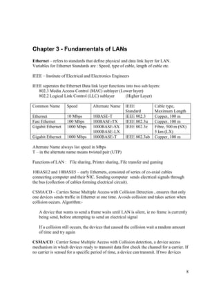 Chapter 3 - Fundamentals of LANs
Ethernet – refers to standards that define physical and data link layer for LAN.
Variables for Ethernet Standards are : Speed, type of cable, length of cable etc.

IEEE – Institute of Electrical and Electronics Engineers

IEEE seperates the Ethernet Data link layer functions into two sub layers:
   802.3 Media Access Control (MAC) sublayer (Lower layer)
   802.2 Logical Link Control (LLC) sublayer          (Higher Layer)

Common Name         Speed          Alternate Name     IEEE             Cable type,
                                                      Standard         Maximum Length
Ethernet            10 Mbps        10BASE-T           IEEE 802.3       Copper, 100 m
Fast Ethernet       100 Mbps       100BASE-TX         IEEE 802.3u      Copper, 100 m
Gigabit Ethernet    1000 Mbps      1000BASE-SX        IEEE 802.3z      Fibre, 500 m (SX)
                                   1000BASE-LX                         5 km (LX)
Gigabit Ethernet    1000 Mbps      1000BASE-T         IEEE 802.3ab     Copper, 100 m

Alternate Name always list speed in Mbps
T – in the alternate name means twisted pair (UTP)

Functions of LAN : File sharing, Printer sharing, File transfer and gaming

10BASE2 and 10BASE5 – early Ethernets, consisted of series of co-axial cables
connecting computer and their NIC. Sending computer sends electrical signals through
the bus (collection of cables forming electrical circuit).

CSMA/CD – Carries Sense Multiple Access with Collision Detection , ensures that only
one devices sends traffic in Ethernet at one time. Avoids collision and takes action when
collision occurs. Algorithm:-

   A device that wants to send a frame waits until LAN is silent, ie no frame is currently
   being send, before attempting to send an electrical signal

   If a collision still occurs, the devices that caused the collision wait a random amount
   of time and try again

CSMA/CD : Carrier Sense Multiple Access with Collision detection, a device access
mechanism in which devices ready to transmit data first check the channel for a carrier. If
no carrier is sensed for a specific period of time, a device can transmit. If two devices



                                                                                             8
 