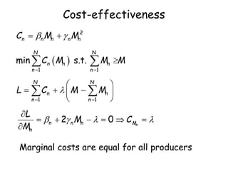 Cost-effectiveness
Marginal costs are equal for all producers
 
 
 1 1
min s.t.
N N
n n n
n n
C M M M
2
n n n n nC M M  

 
 
   
 
 1 1
N N
n n
n n
L C M M
   

     

2 0 nn n n M
n
L
M C
M
 