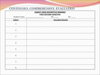 CONTINUOUS  COMPREHENSIVE  EVALUATION SUBJECT-WISE DESCRIPTIVE REMARKS FIRST/SECOND SEMESTER Student's name: ______________________  Std: _____  Div: _____ Subject Descriptive Remarks         1           2           3           4           5           6           7       8       