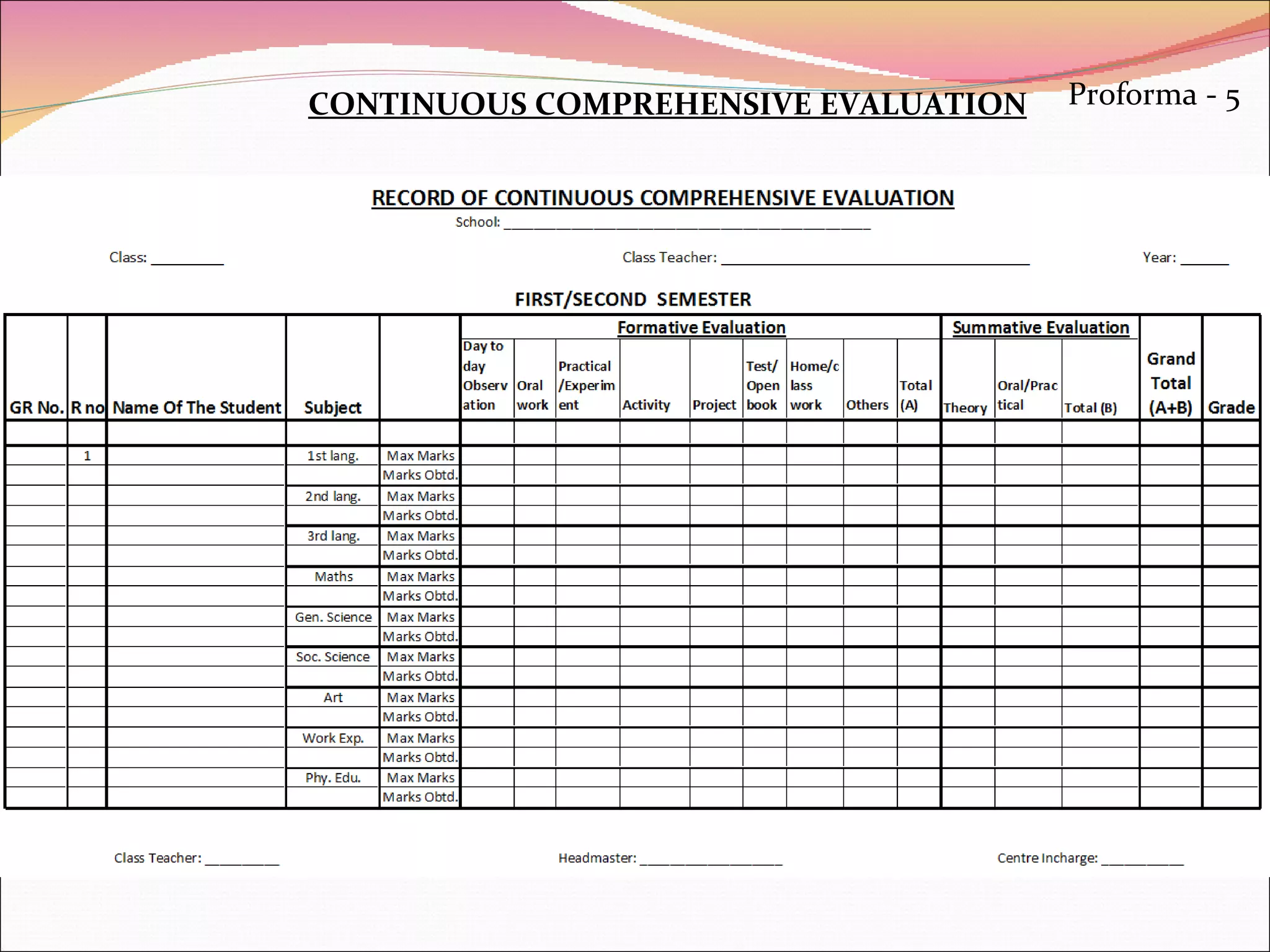 CONTINUOUS COMPREHENSIVE EVALUATION Proforma - 5 