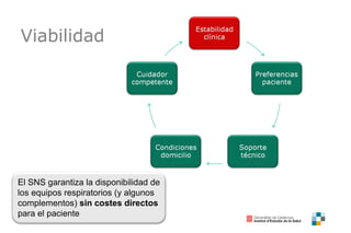 12
Viabilidad
El SNS garantiza la disponibilidad de
los equipos respiratorios (y algunos
complementos) sin costes directos
para el paciente
 