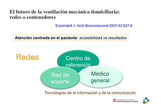 Escarrabill J. Arch Bronconeumol 2007;43:527-9
Atención centrada en el paciente: accesibilidad vs resultados
Redes Centro de
referencia
Médico
general
Red de
soporte
Tecnologías de la información y de la comunicación
 