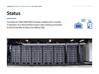Samsung SDI Energy Storage System | CCET Case Study

Status
Currently, the 1MW/1MWh BESS has been installed and is currently
in operation. As a demonstration project, data is being accumulated
to test the benefits of Lithium-Ion Battery (LIB).

Copyright © 2013 Samsung SDI. All rights reserved

 