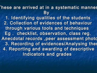 These are arrived at in a systematic manner
By
1. Identifying qualities of the students
2. Collection of evidences of behaviour
through various tools and techniques
Eg . checklist, observation, class reg.
Anecdotal records ,peer assessment photo
3. Recording of evidences/Analysing them
4. Reporting and awarding of descriptive
Indicators and grades

 