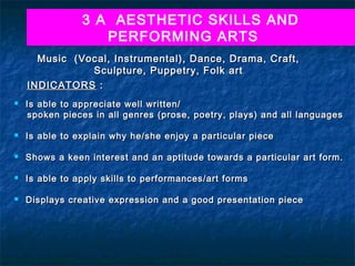 3 A AESTHETIC SKILLS AND
PERFORMING ARTS
Music (Vocal, Instrumental), Dance, Drama, Craft,
Sculpture, Puppetry, Folk art
INDICATORS :


Is able to appreciate well written/
spoken pieces in all genres (prose, poetry, plays) and all languages



Is able to explain why he/she enjoy a particular piece



Shows a keen interest and an aptitude towards a particular art form.



Is able to apply skills to performances/art forms



Displays creative expression and a good presentation piece

 