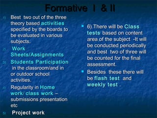 Formative I & II

1)

2)

3)

4)

5)

Best two out of the three
theory based activities
specified by the boards to
be evaluated in various
subjects.
Work
Sheets/Assignments
Students Participation
in the classroom/and in
or outdoor school
activities.
Regularity in Home
work / class work –
submissions presentation
etc
Project work





6) There will be Class
tests based on content
area of the subject -It will
be conducted periodically
and best two of three will
be counted for the final
assessment.
Besides these there will
be flash test and
weekly test .

 