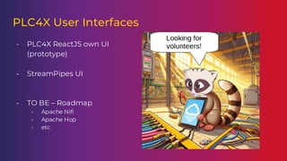 PLC4X User Interfaces
- PLC4X ReactJS own UI
(prototype)
- StreamPipes UI
- TO BE – Roadmap
- Apache Nifi
- Apache Hop
- etc.
 
