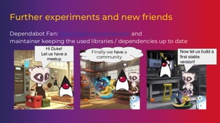Further experiments and new friends
Dependabot Fan: https://github.com/sruehl and
maintainer keeping the used libraries / dependencies up to date
Hi Duke!
Let us have a
meetup
Finally we have a
community
Now let us build a
first stable
version!
 