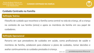 portaldeboaspraticas.iff.fiocruz.br
CUIDADO CENTRADO NA FAMÍLIA
SMITH, 2018
Definição Teórica
Filosofia de cuidado que reconhece a família como central na vida da criança, vê a criança
no contexto de sua família (única) e apoia os membros da família em seu papel de
cuidadores.
Definição Operacional
Parceria em que prestadores de cuidados em saúde, como profissionais de saúde e
membros da família, colaboram para elaborar o plano de cuidados, tomar decisões e
avaliar continuamente os cuidados prestados à criança.
Cuidado Centrado na Família
 